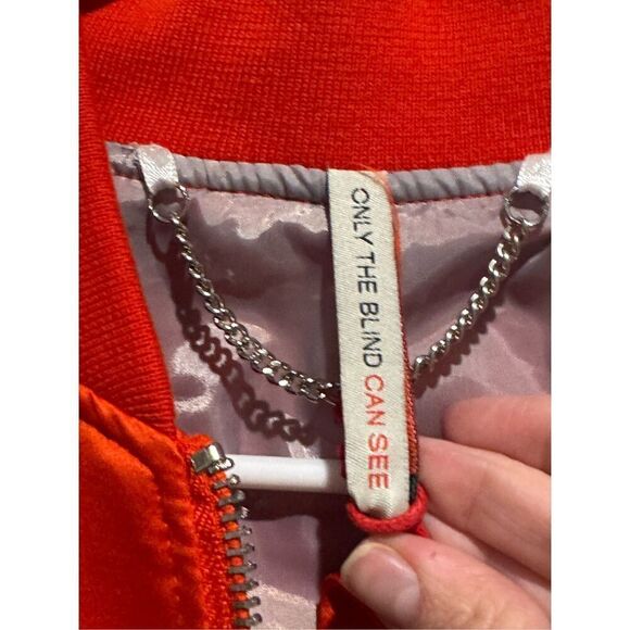 NWT ONLY THE BLIND Cherry Red Satin MOTORCYCLE BOMBER Unisex Small - Picture 4 of 16